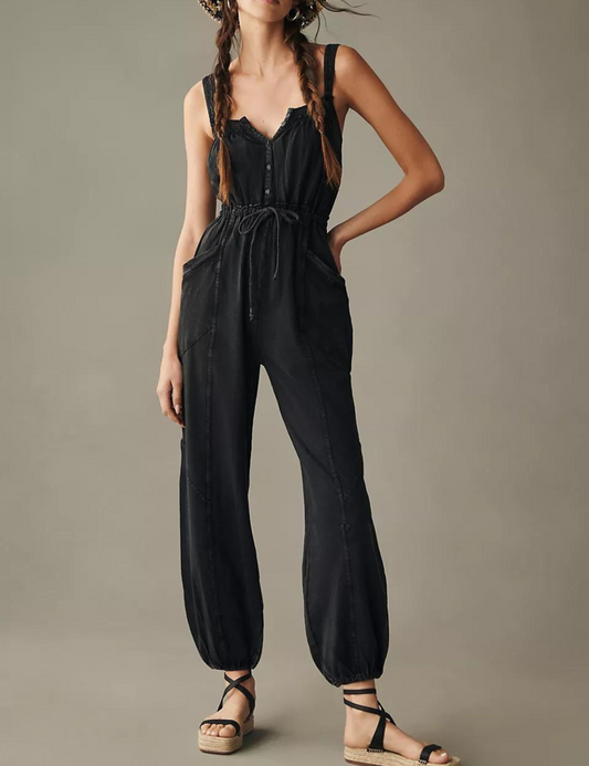 Omoone Button Down Drawstring One Piece Jumpsuit