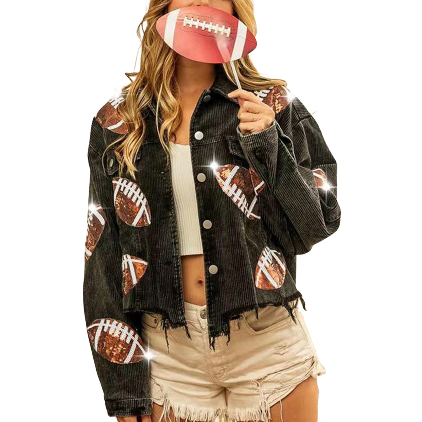 SeekMe Sequin Cropped Corduroy Football Jacket