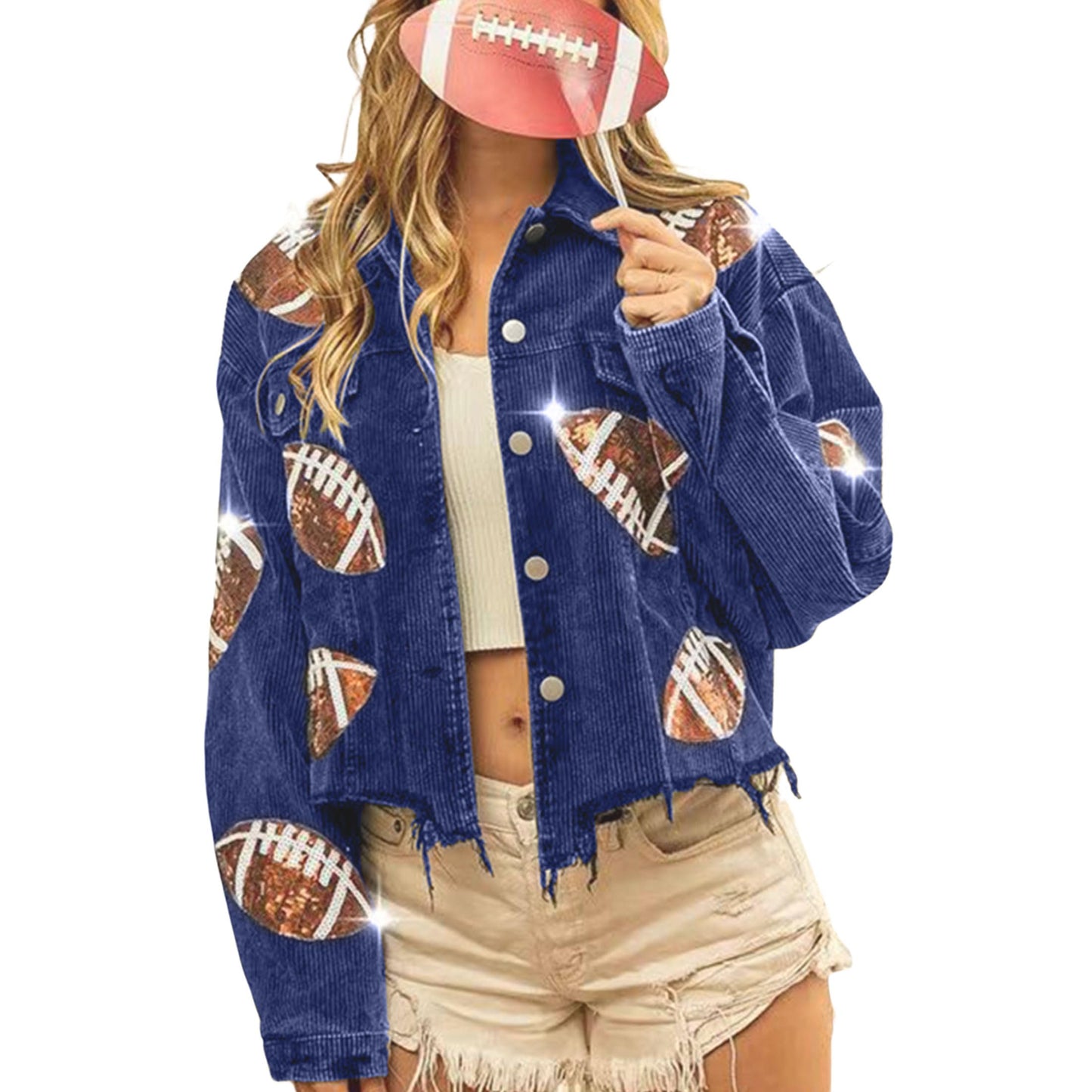 SeekMe Sequin Cropped Corduroy Football Jacket