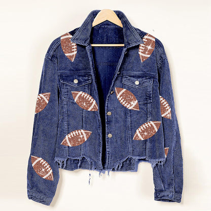 SeekMe Sequin Cropped Corduroy Football Jacket