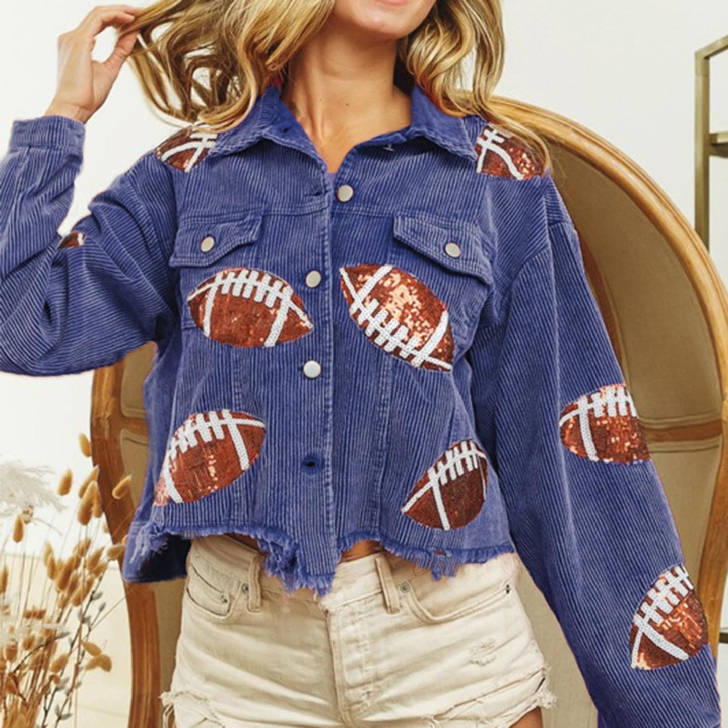 SeekMe Sequin Cropped Corduroy Football Jacket