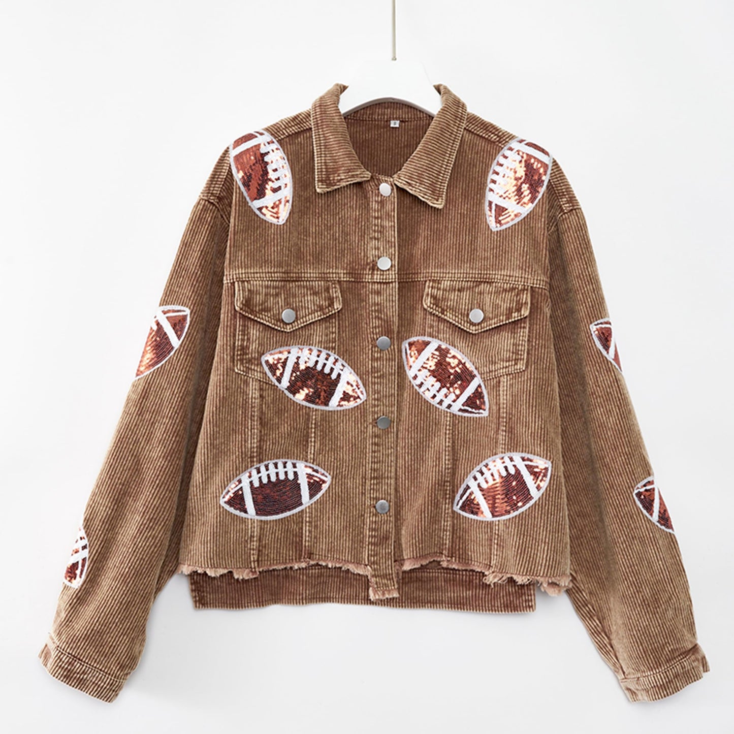 SeekMe Sequin Cropped Corduroy Football Jacket