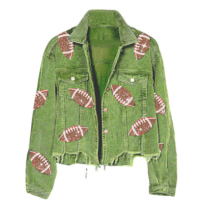 SeekMe Sequin Cropped Corduroy Football Jacket