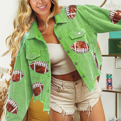 SeekMe Sequin Cropped Corduroy Football Jacket