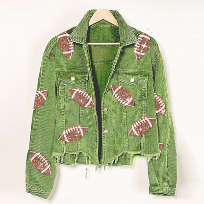 SeekMe Sequin Cropped Corduroy Football Jacket