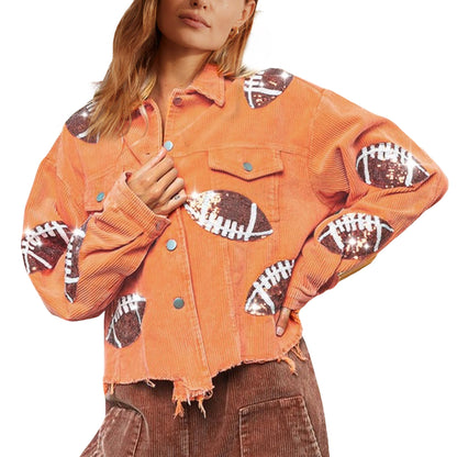 SeekMe Sequin Cropped Corduroy Football Jacket