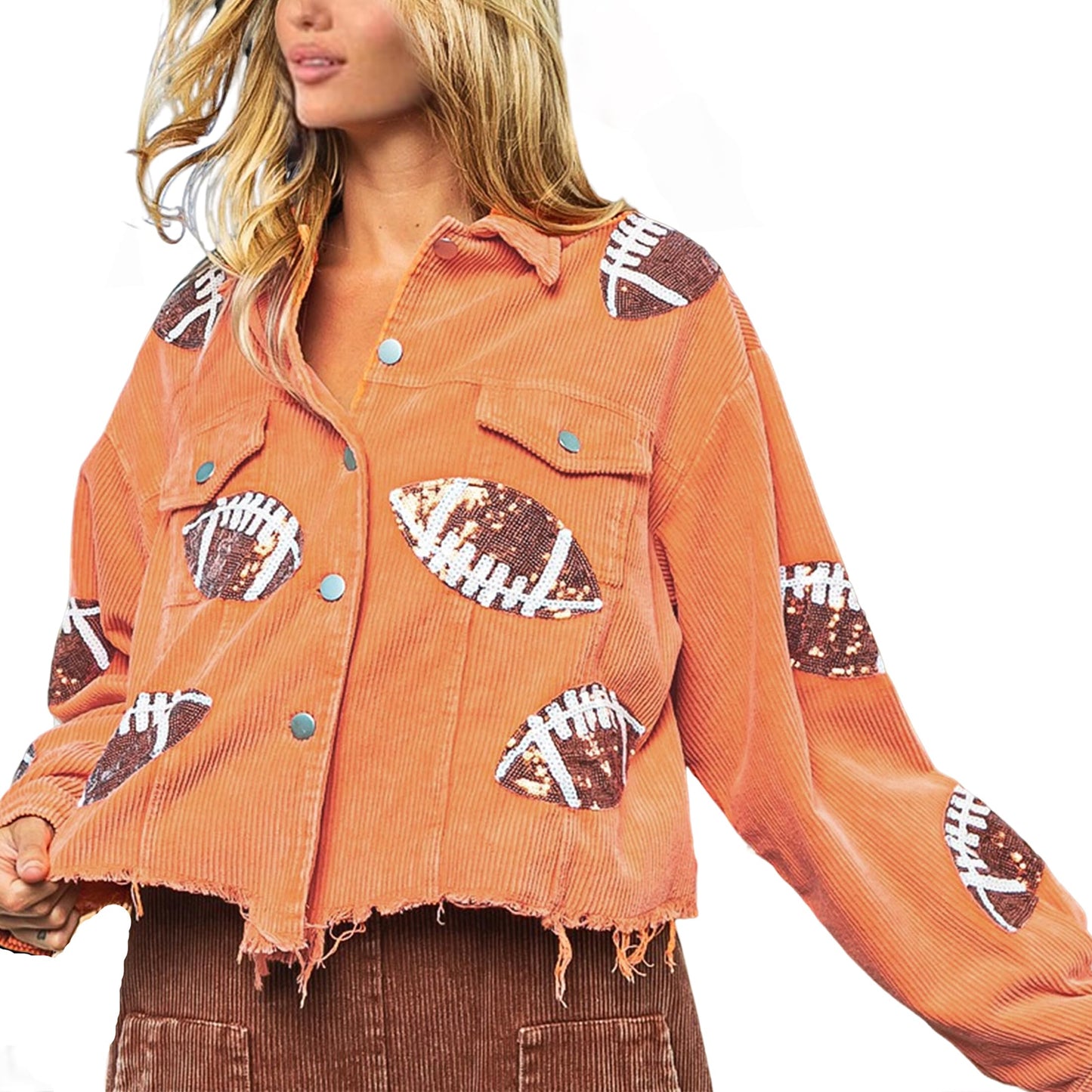 SeekMe Sequin Cropped Corduroy Football Jacket