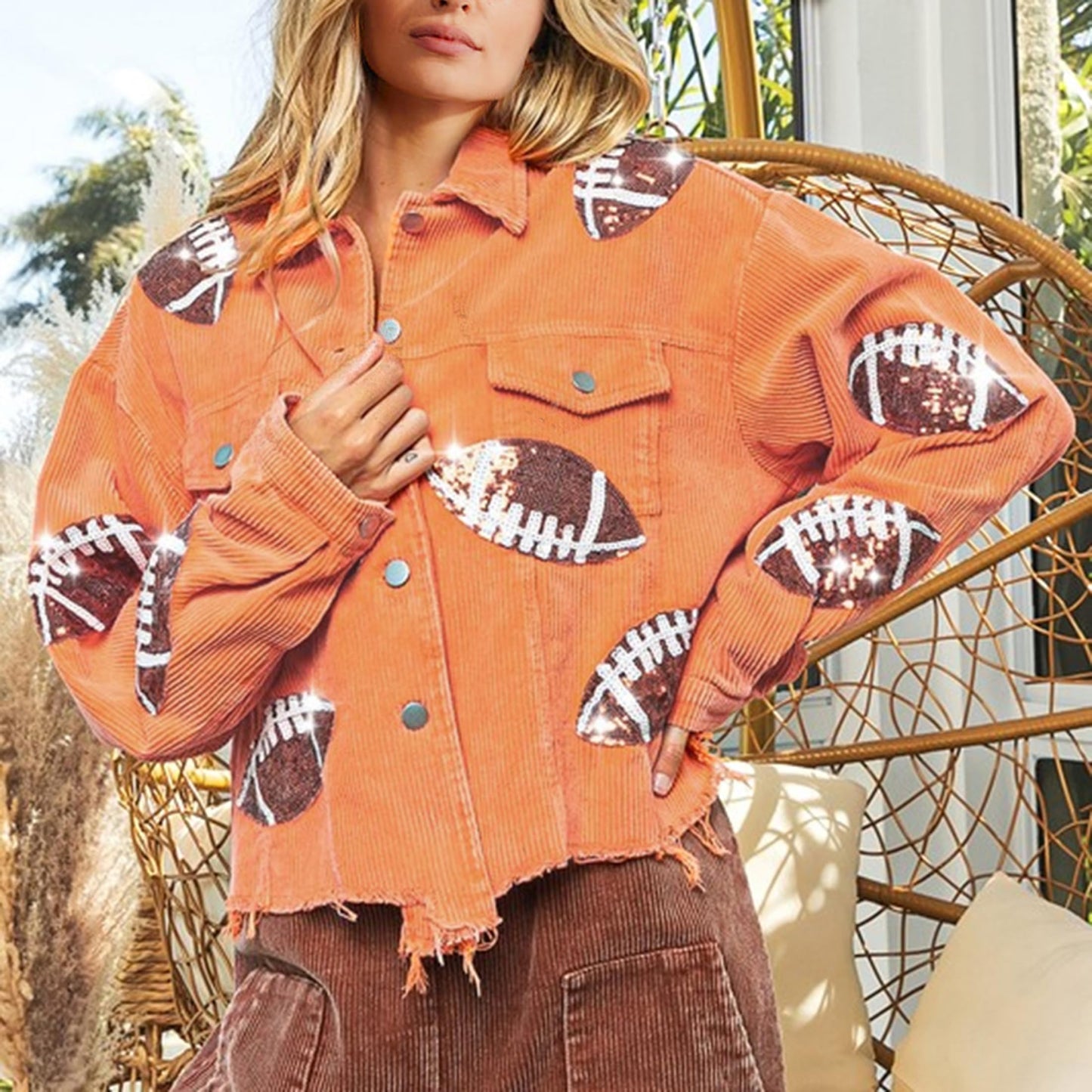 SeekMe Sequin Cropped Corduroy Football Jacket