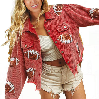 SeekMe Sequin Cropped Corduroy Football Jacket