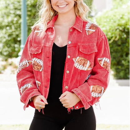 SeekMe Sequin Cropped Corduroy Football Jacket