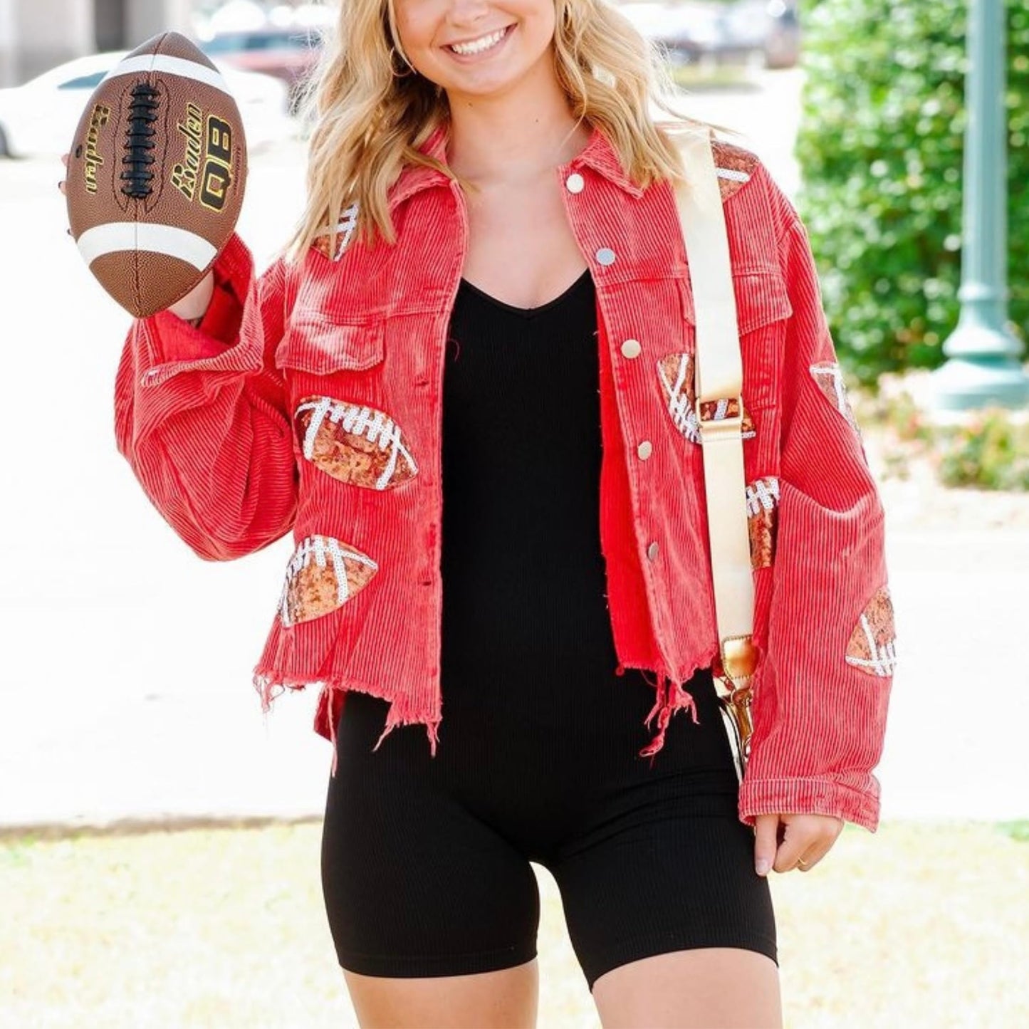 SeekMe Sequin Cropped Corduroy Football Jacket