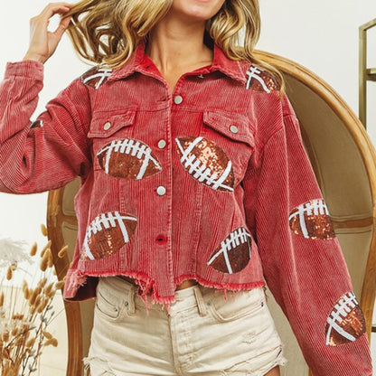 SeekMe Sequin Cropped Corduroy Football Jacket