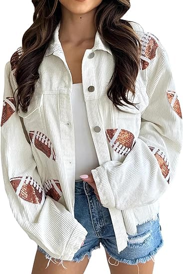 SeekMe Sequin Cropped Corduroy Football Jacket