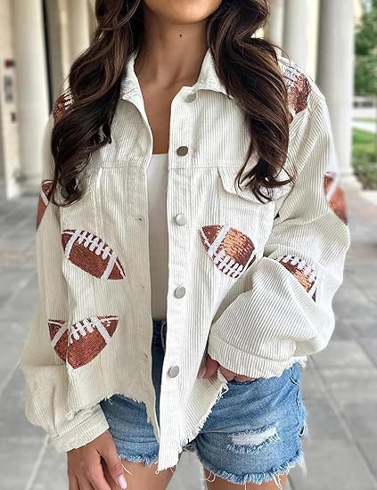 SeekMe Sequin Cropped Corduroy Football Jacket