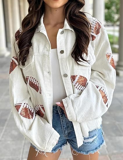 SeekMe Sequin Cropped Corduroy Football Jacket