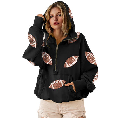 SeekMe Zipper Front Sequin Football Hoodie