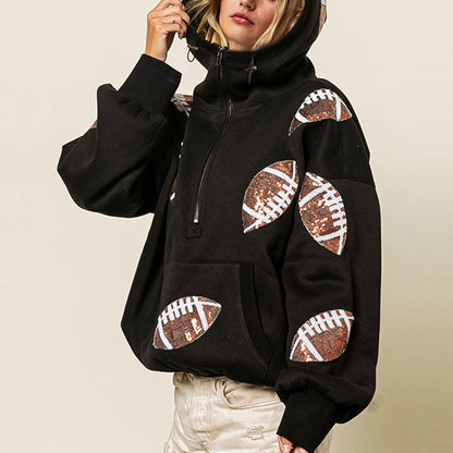 SeekMe Zipper Front Sequin Football Hoodie