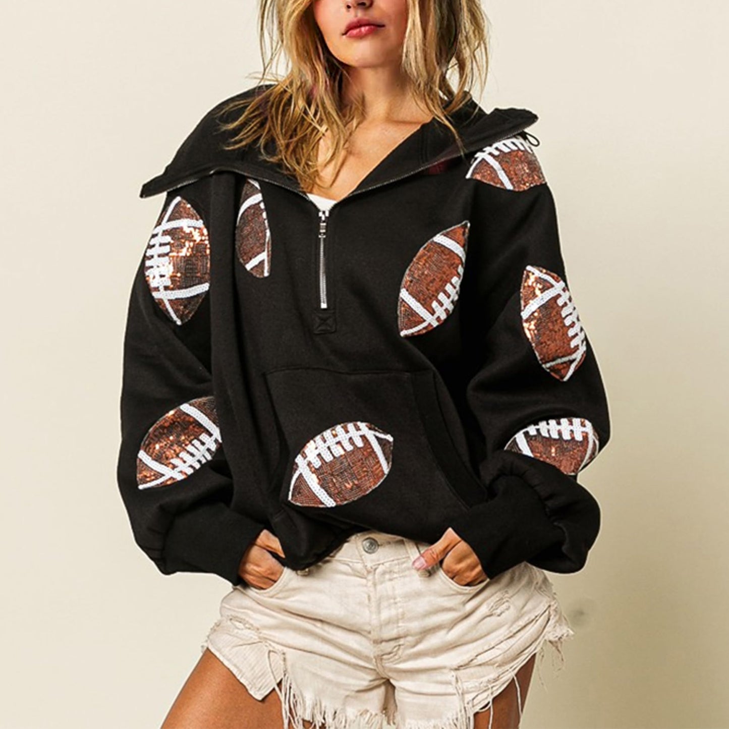 SeekMe Zipper Front Sequin Football Hoodie