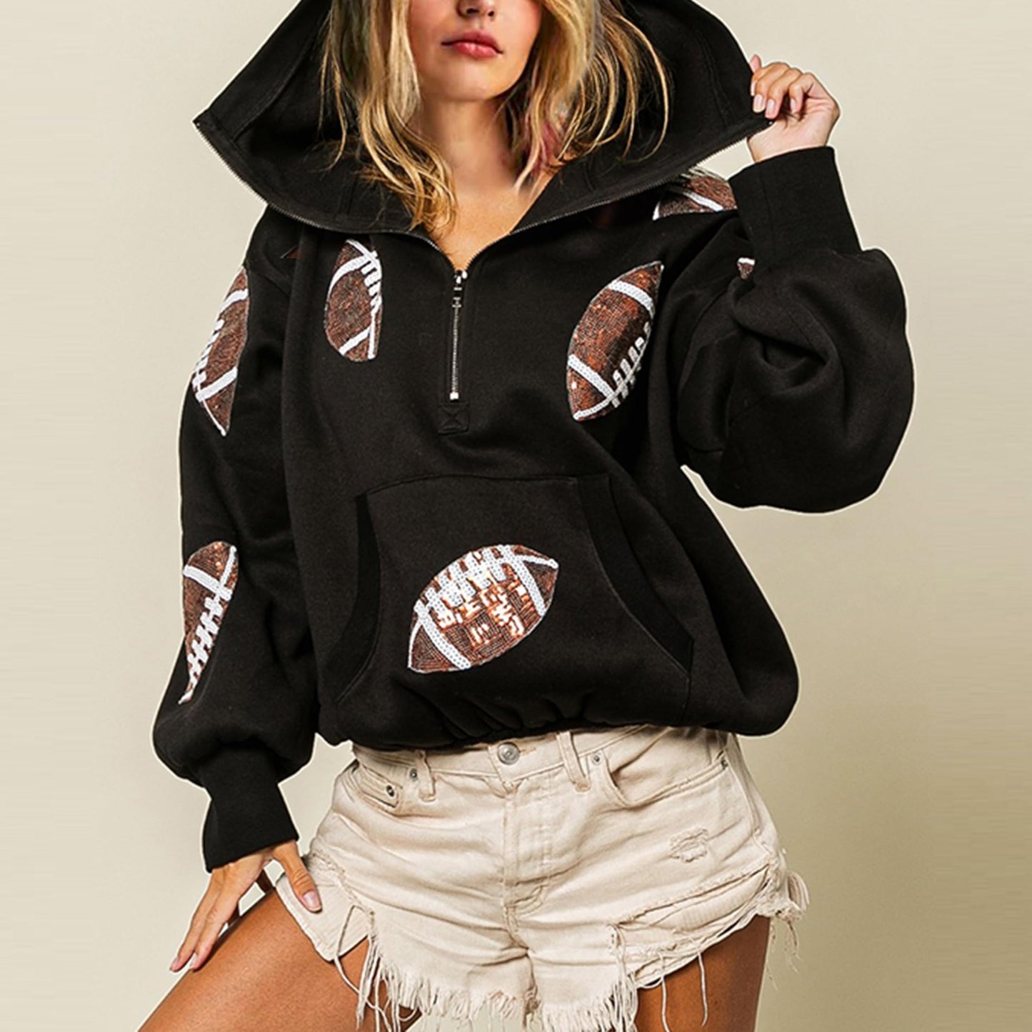 SeekMe Zipper Front Sequin Football Hoodie