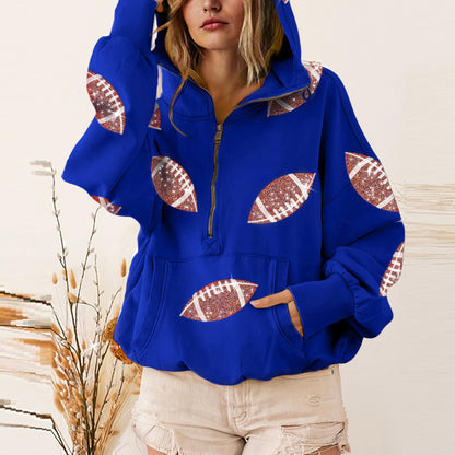 SeekMe Zipper Front Sequin Football Hoodie