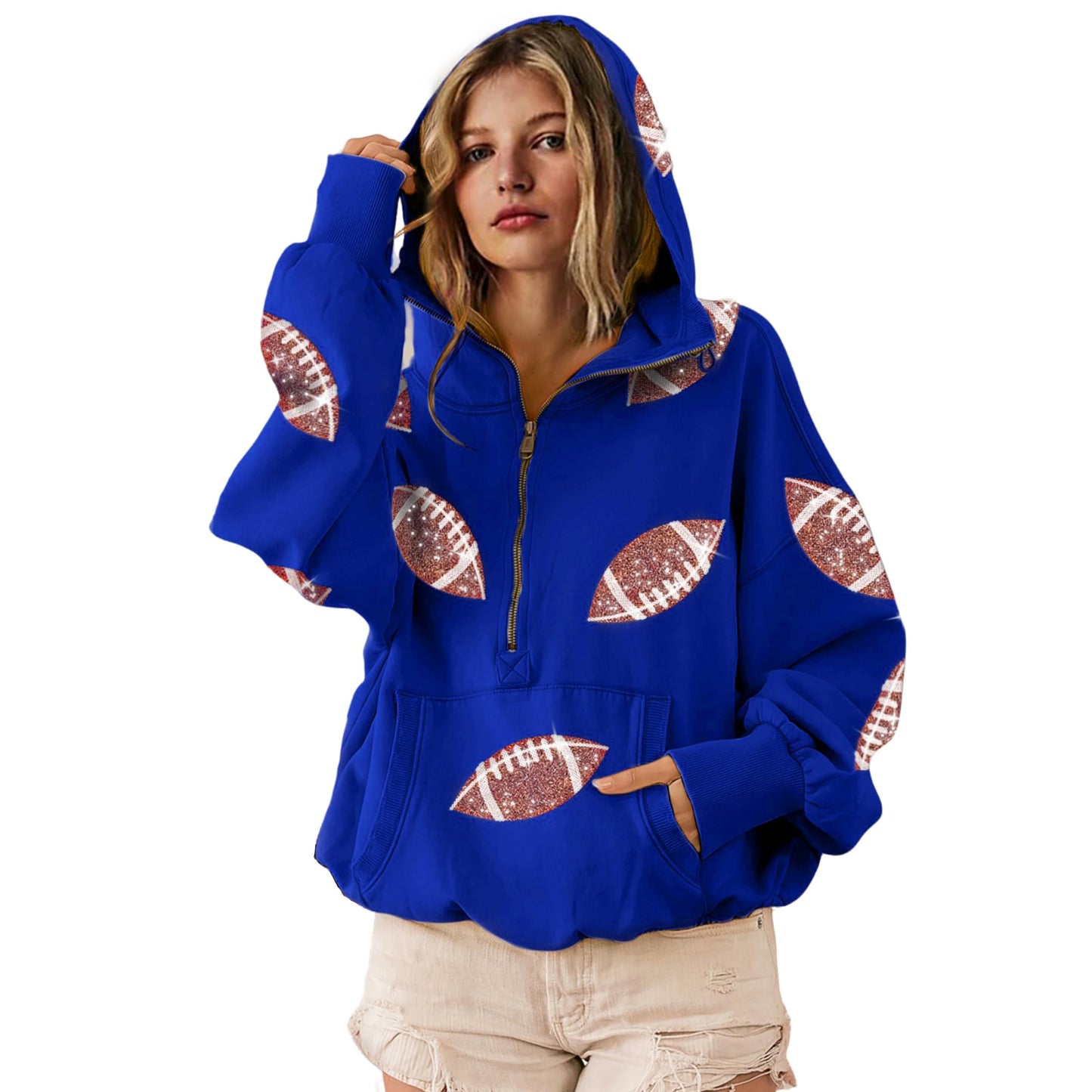 SeekMe Zipper Front Sequin Football Hoodie