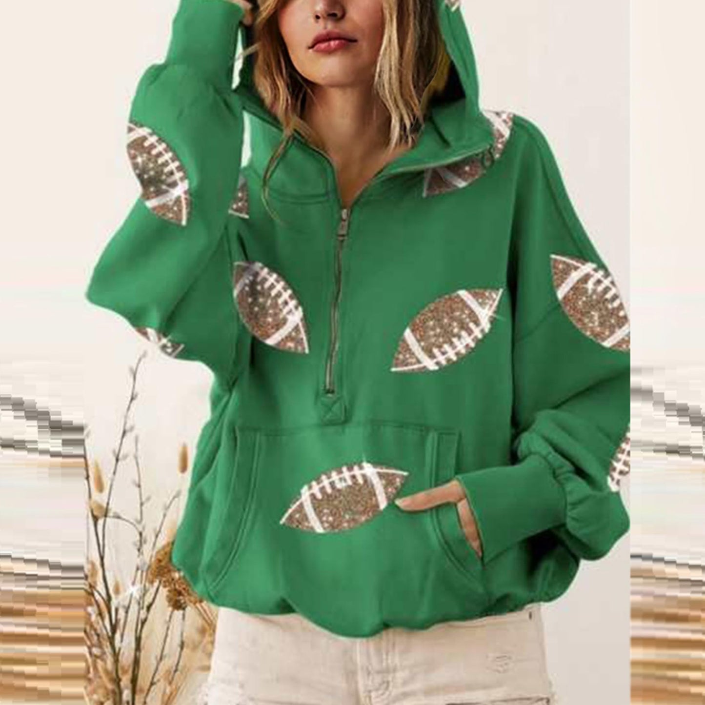 SeekMe Zipper Front Sequin Football Hoodie