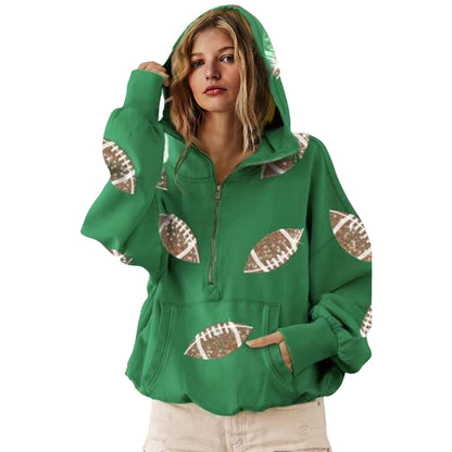 SeekMe Zipper Front Sequin Football Hoodie