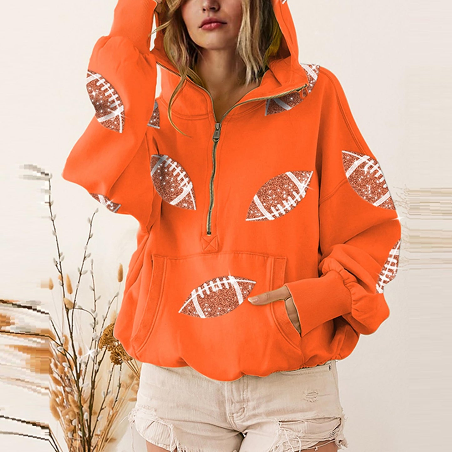 SeekMe Zipper Front Sequin Football Hoodie