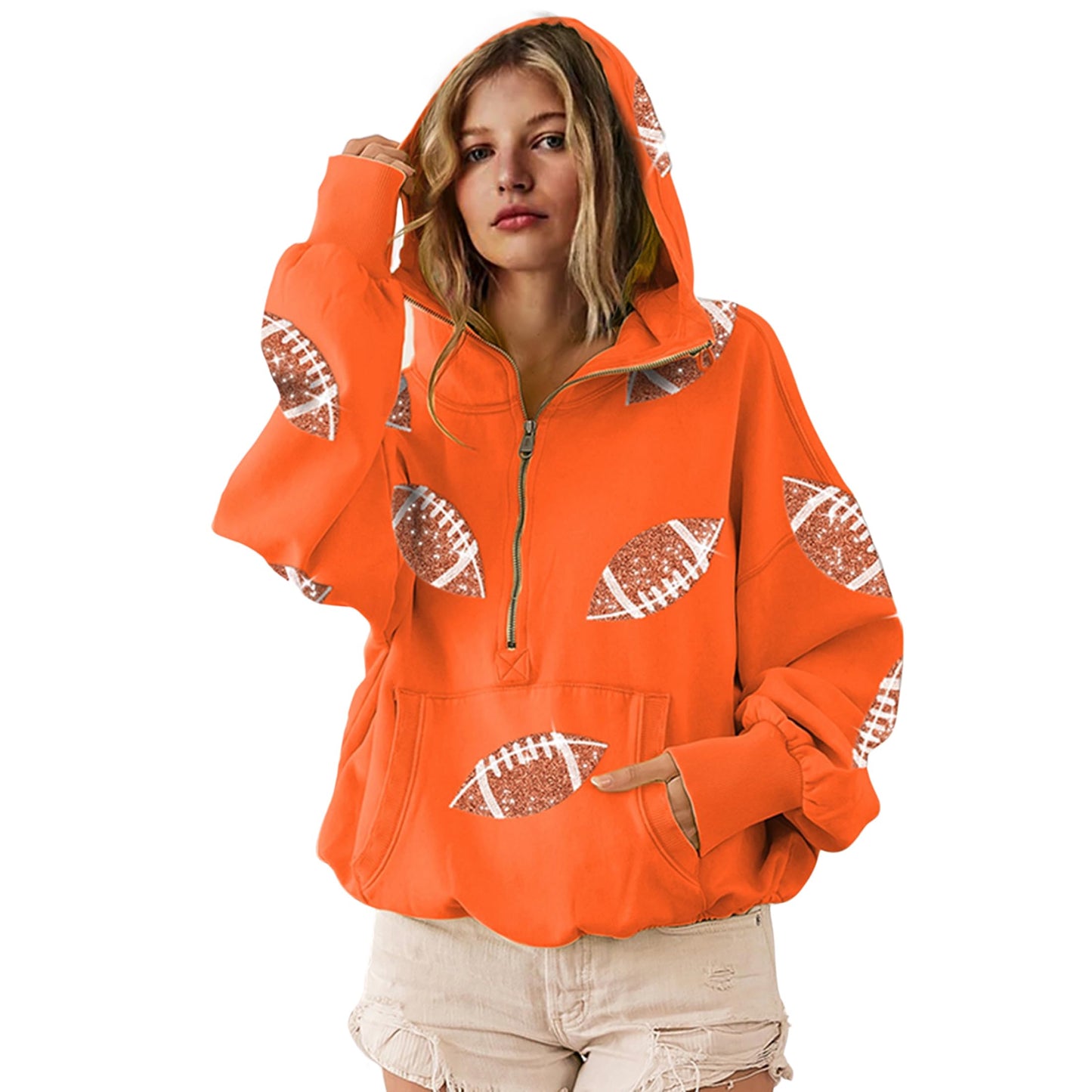 SeekMe Zipper Front Sequin Football Hoodie