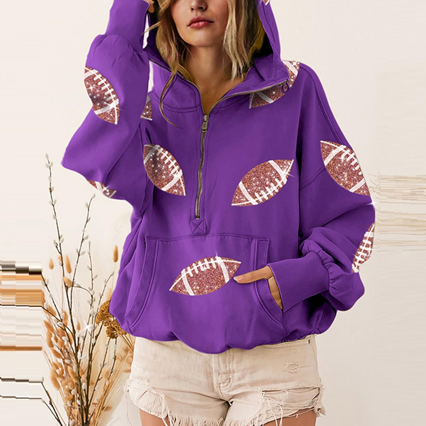 SeekMe Zipper Front Sequin Football Hoodie