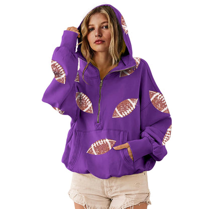 SeekMe Zipper Front Sequin Football Hoodie