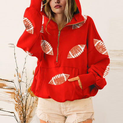 SeekMe Zipper Front Sequin Football Hoodie