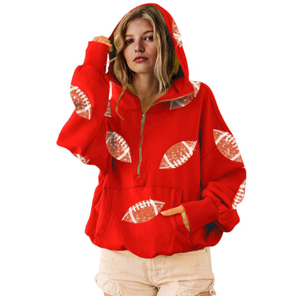 SeekMe Zipper Front Sequin Football Hoodie