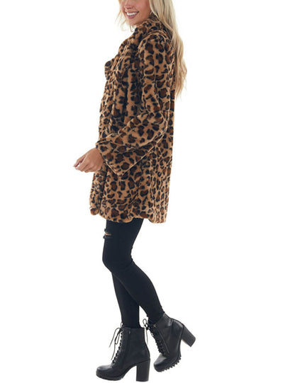 SeekMe Leopard Pattern Faux Fur Coat
