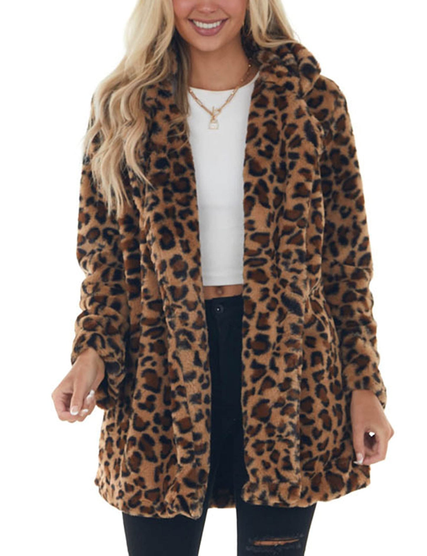 SeekMe Leopard Pattern Faux Fur Coat