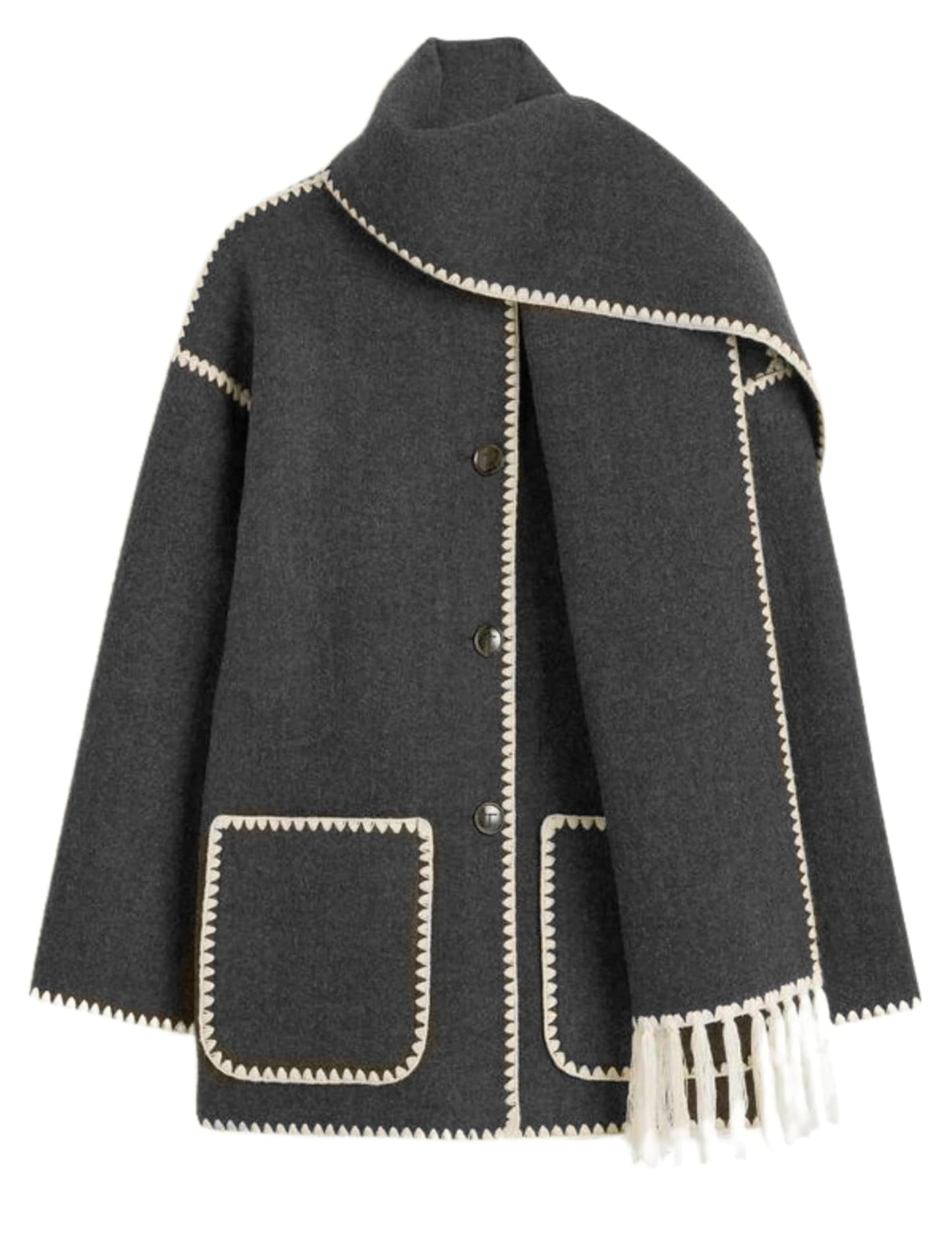 SeekMe Wool Blend Embroidery Scarf Jacket