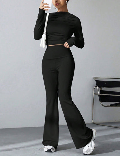 Seekme Ladies 2 Pieces Set of Pleated Boatneck Top with Wide Leg Pants