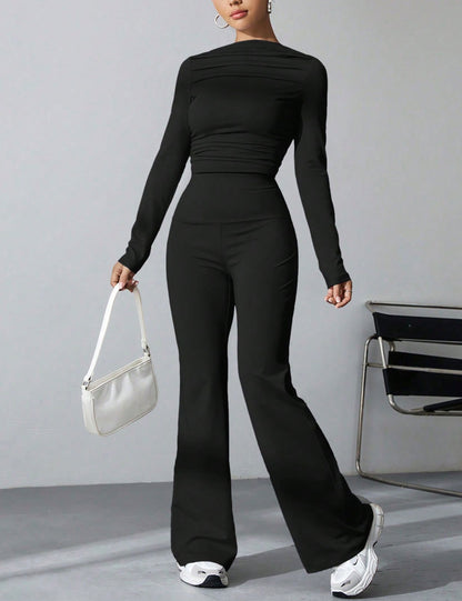 Seekme Ladies 2 Pieces Set of Pleated Boatneck Top with Wide Leg Pants