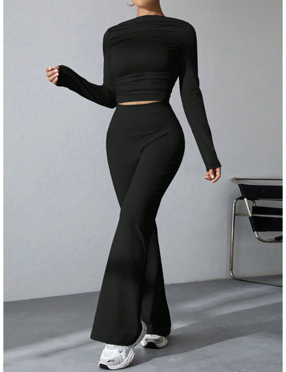 Seekme Ladies 2 Pieces Set of Pleated Boatneck Top with Wide Leg Pants