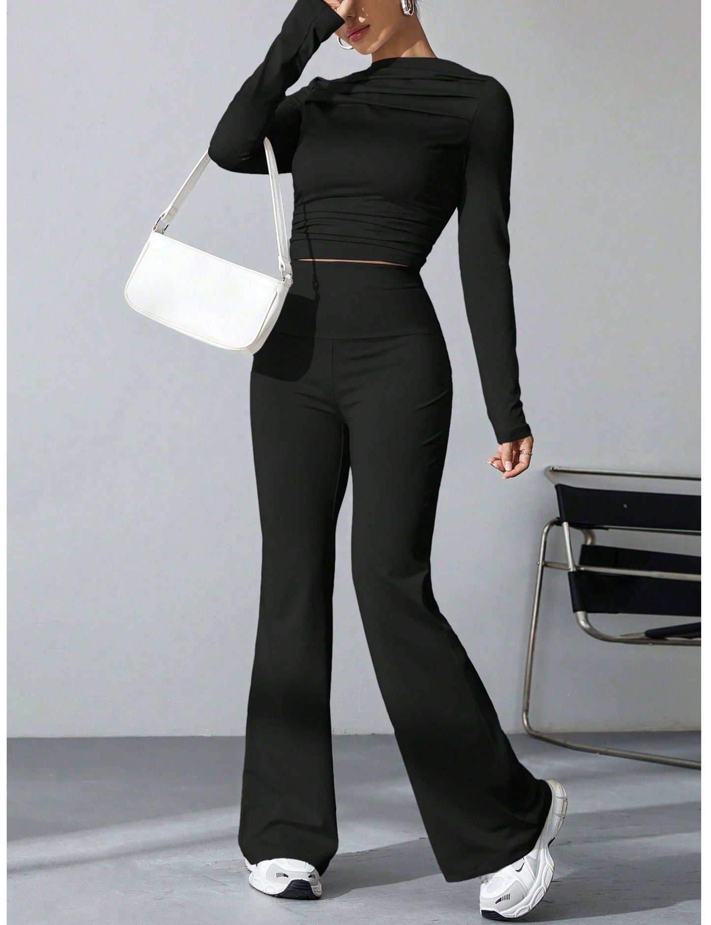 Seekme Ladies 2 Pieces Set of Pleated Boatneck Top with Wide Leg Pants