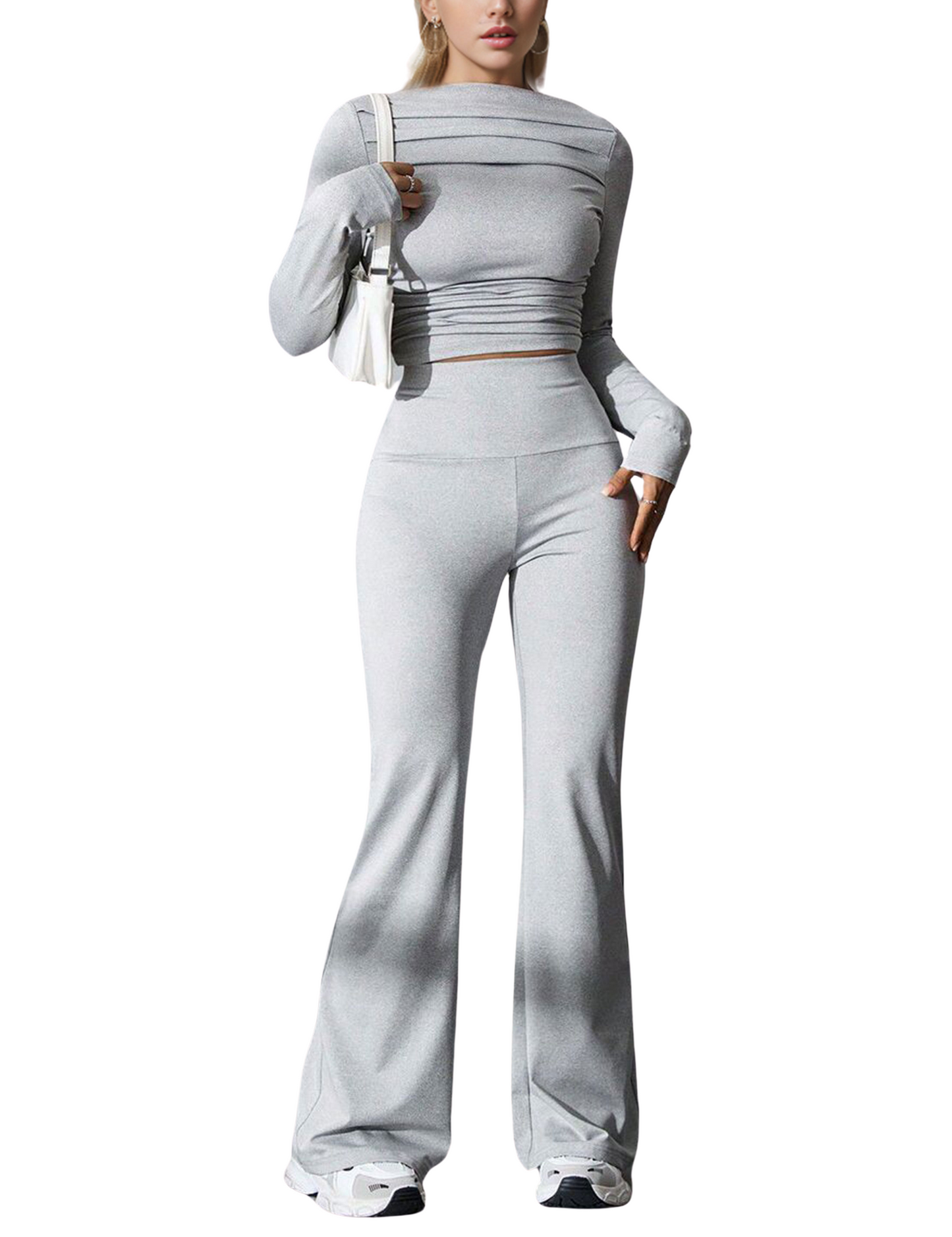 Seekme Ladies 2 Pieces Set of Pleated Boatneck Top with Wide Leg Pants