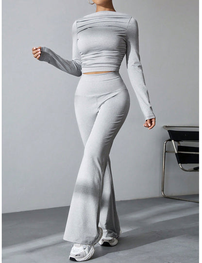 Seekme Ladies 2 Pieces Set of Pleated Boatneck Top with Wide Leg Pants