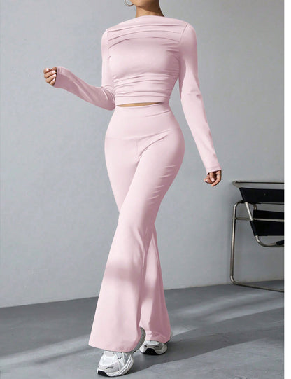 Seekme Ladies 2 Pieces Set of Pleated Boatneck Top with Wide Leg Pants