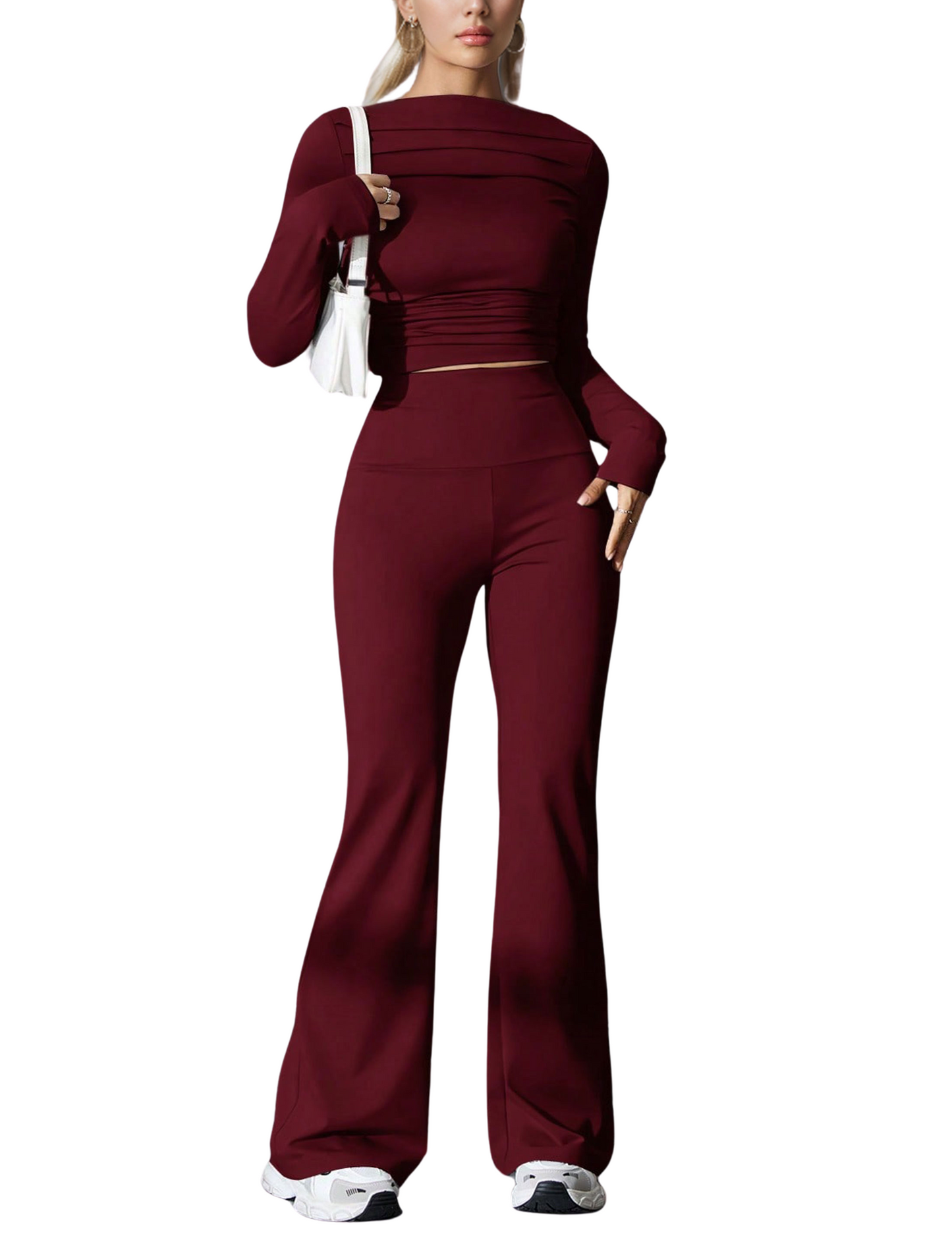 Seekme Ladies 2 Pieces Set of Pleated Boatneck Top with Wide Leg Pants