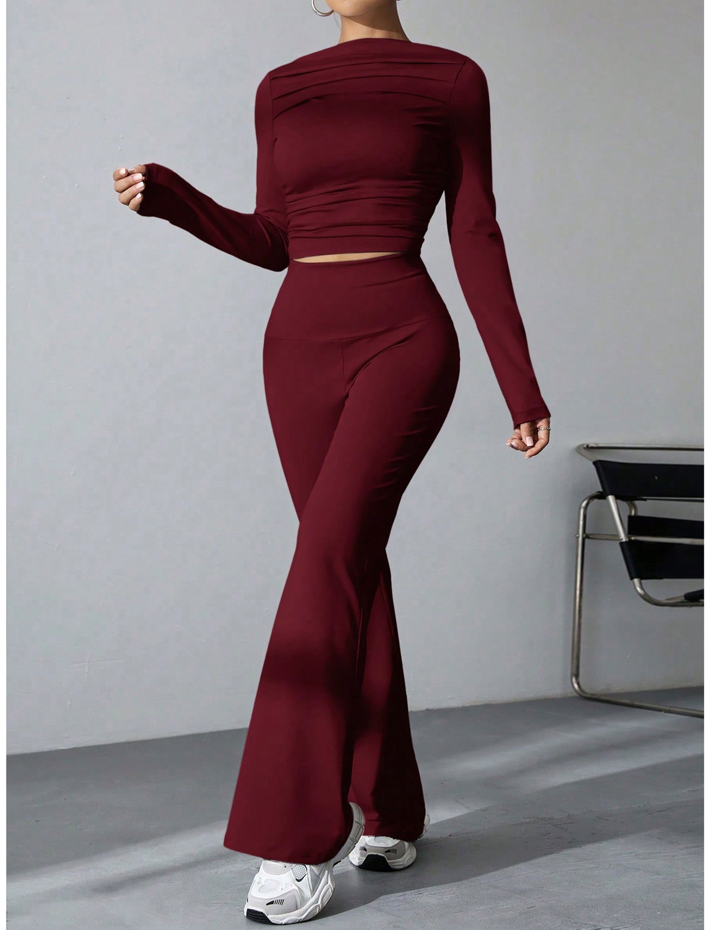 Seekme Ladies 2 Pieces Set of Pleated Boatneck Top with Wide Leg Pants