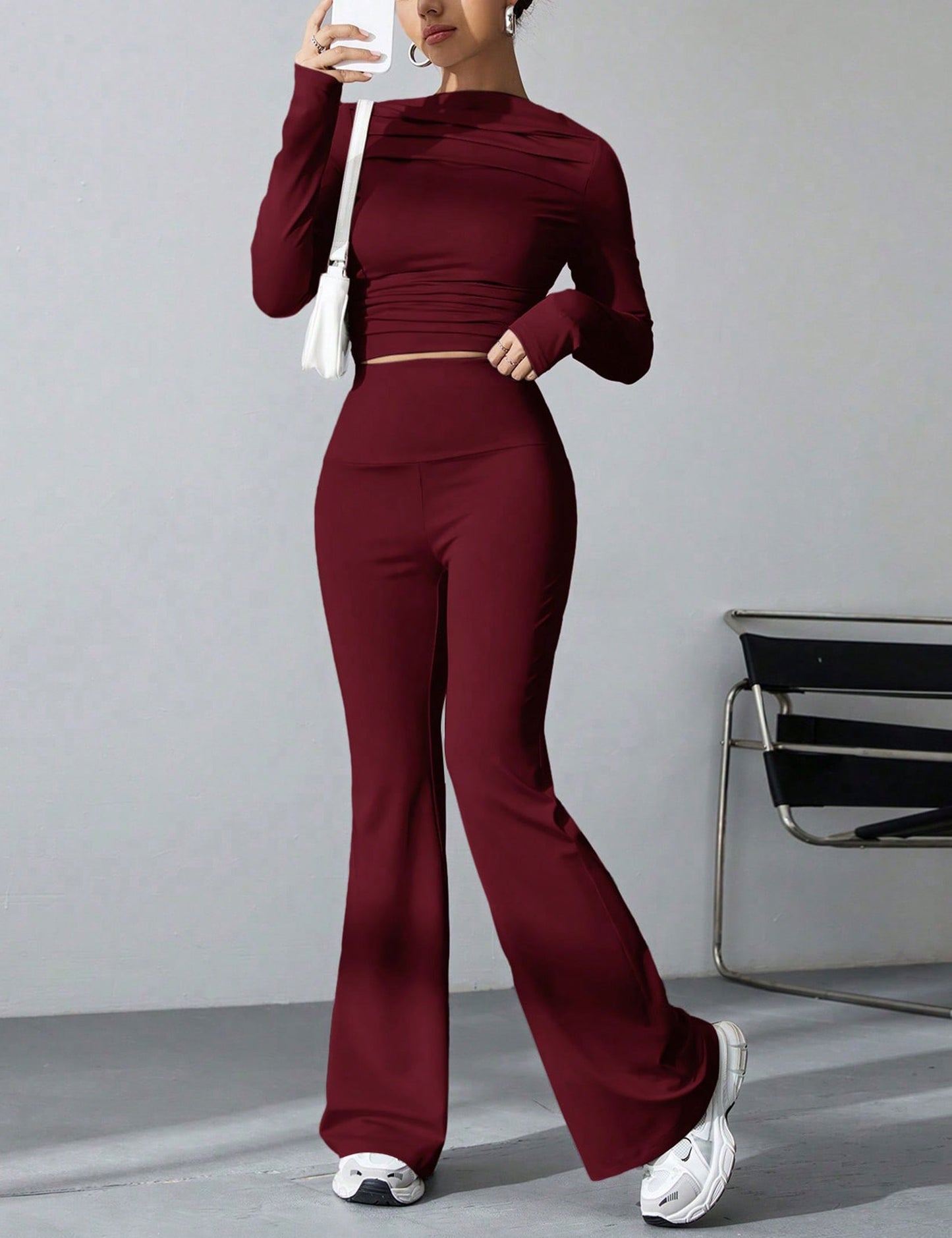 Seekme Ladies 2 Pieces Set of Pleated Boatneck Top with Wide Leg Pants