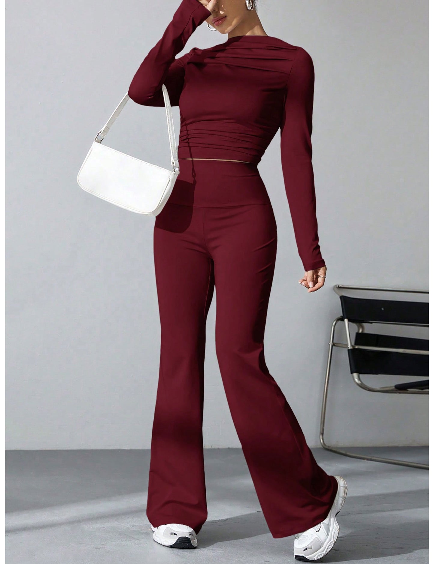 Seekme Ladies 2 Pieces Set of Pleated Boatneck Top with Wide Leg Pants