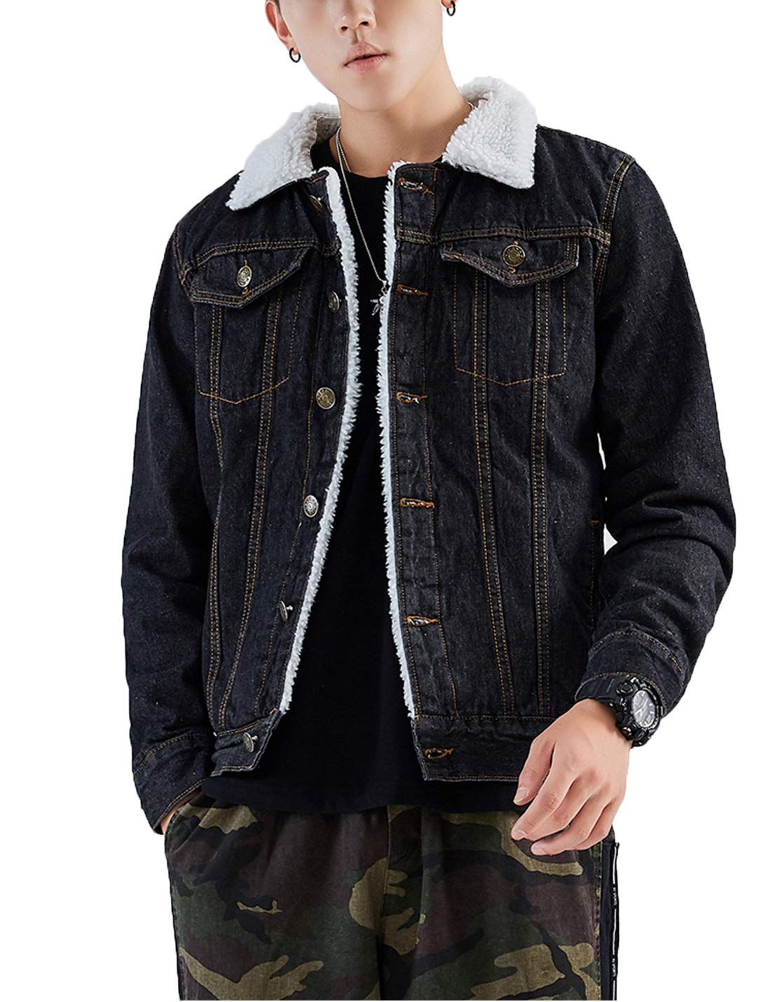 Omoone Mens Vintage Denim Jacket with Fleece Lining