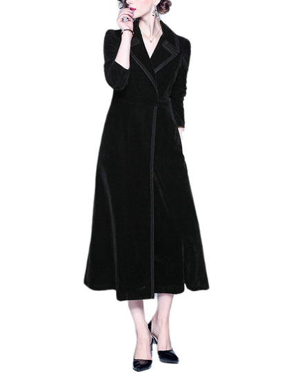 Omoone Slim Notch Lapel Long Vintage Velvet Coat