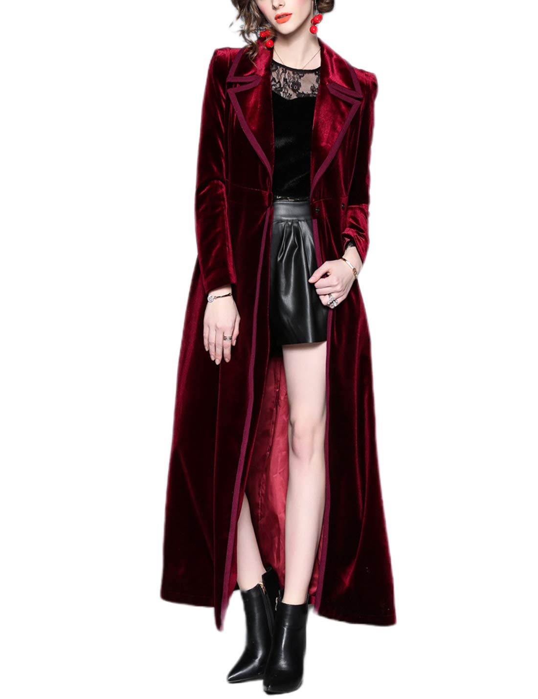 Omoone Slim Notch Lapel Long Vintage Velvet Coat